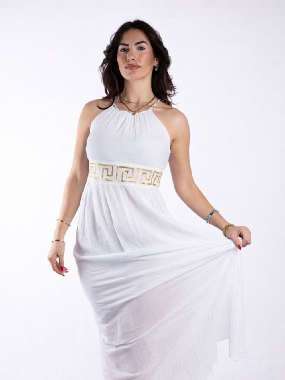 White Halter Maxi Dress with Gold Embroidered Waist